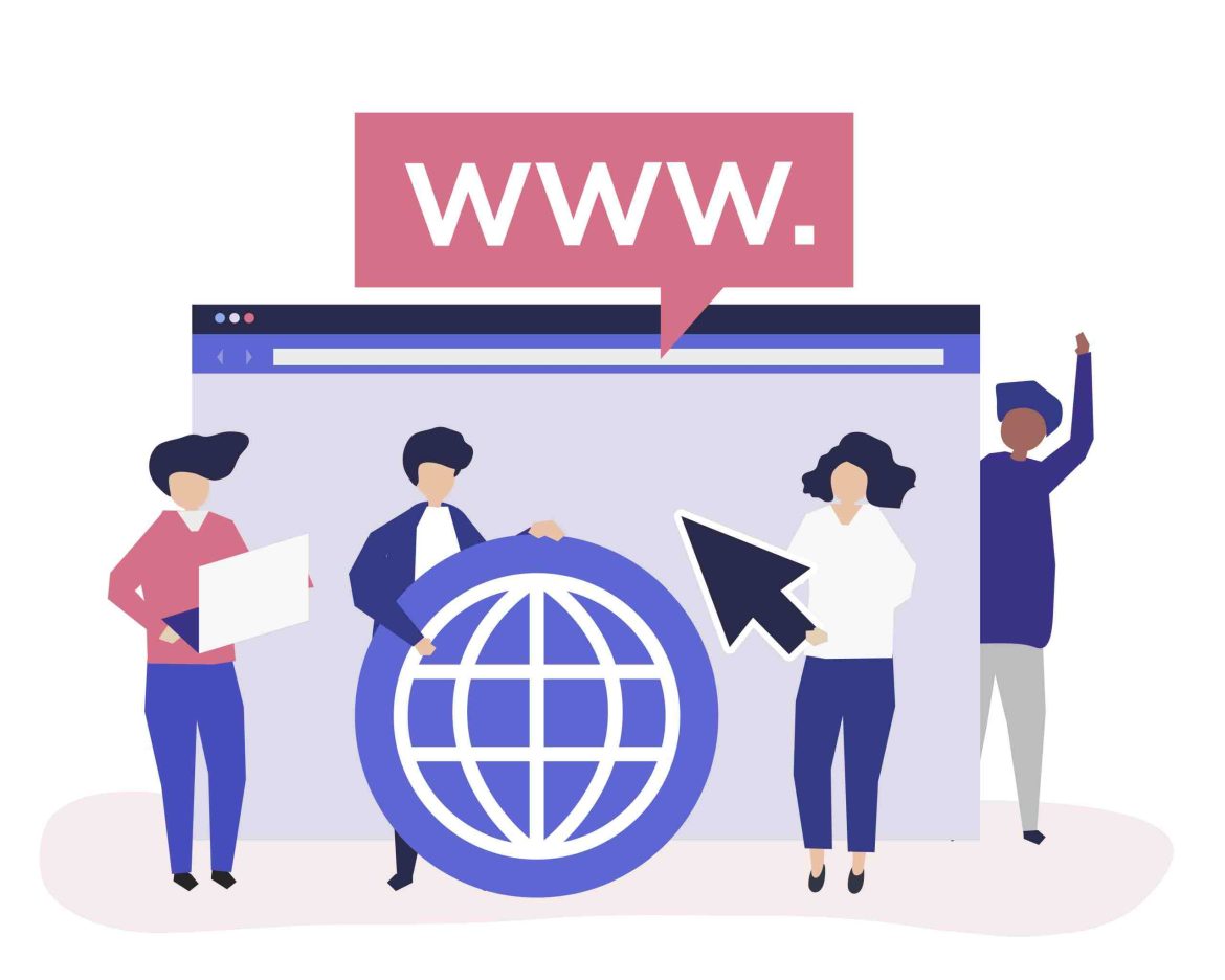 Illustration plat design montrant une équipe collaborant autour d'une fenêtre de navigateur web pour créer un site internet.